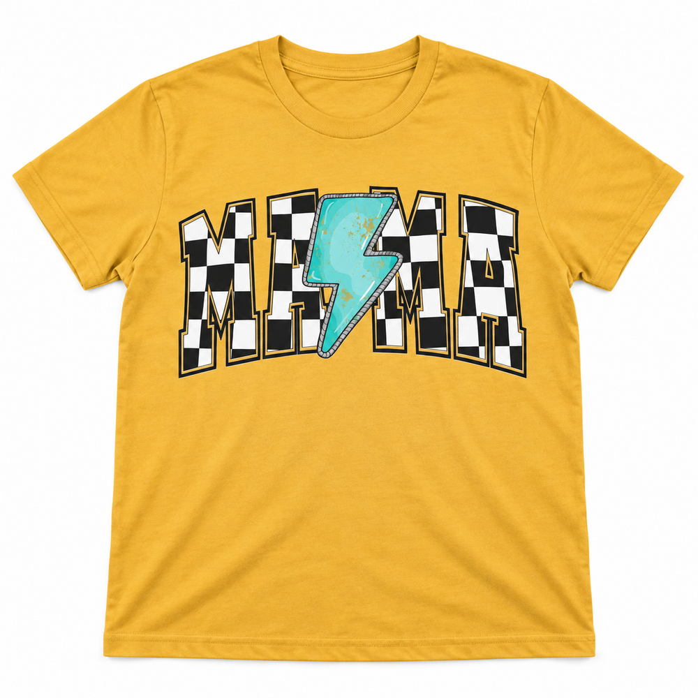 Checkered Mama Turquoise Lightning yellow tee lay-flat on white