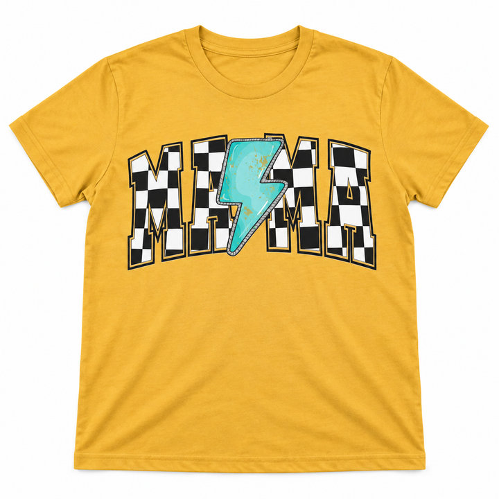Checkered Mama Turquoise Lightning yellow tee lay-flat on white