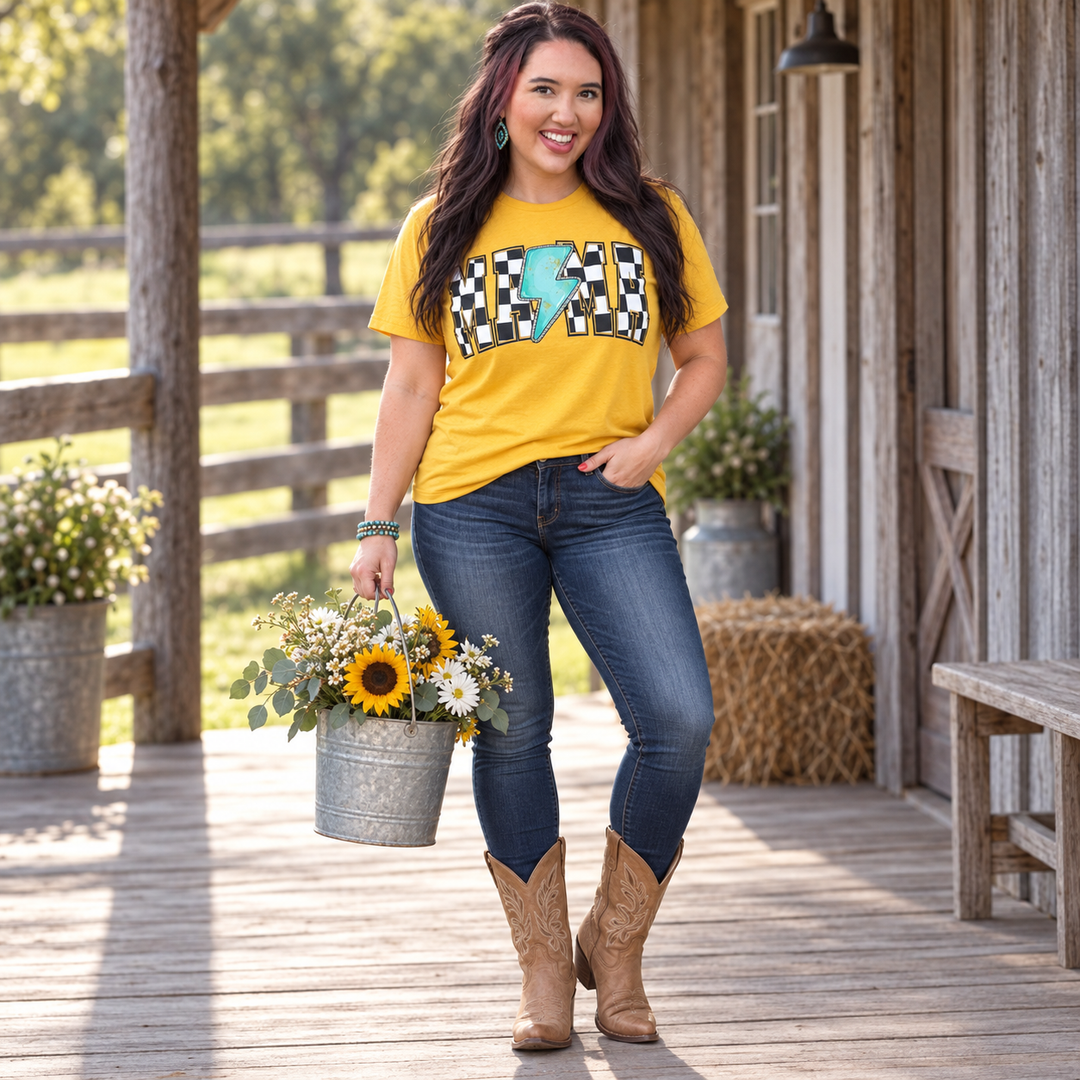 Checkered Mama Turquoise Lightning yellow tee full-body lifestyle