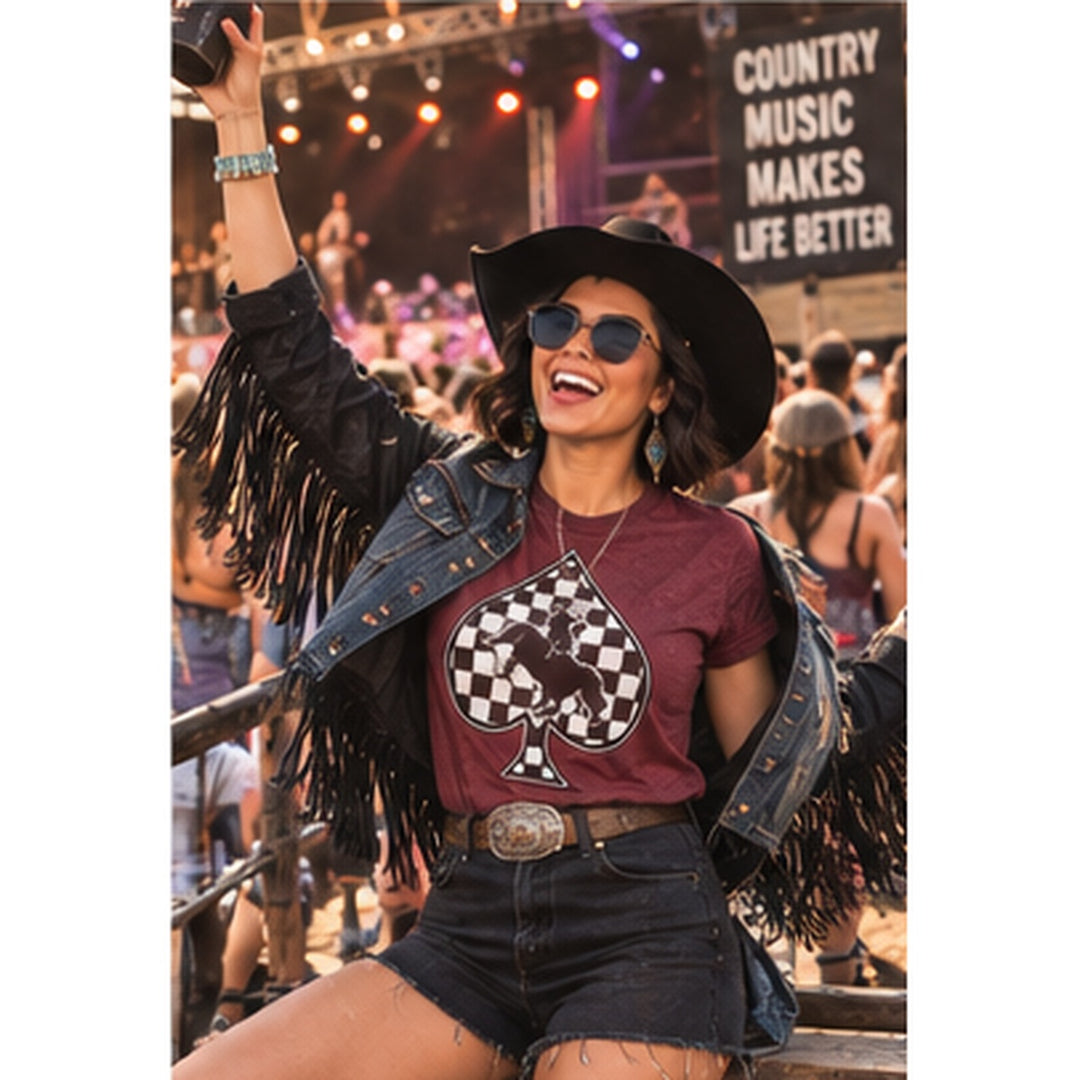 Checkered Spade Cowboy Burgundy Western Graphic Tee interactive concert lifestyle model
