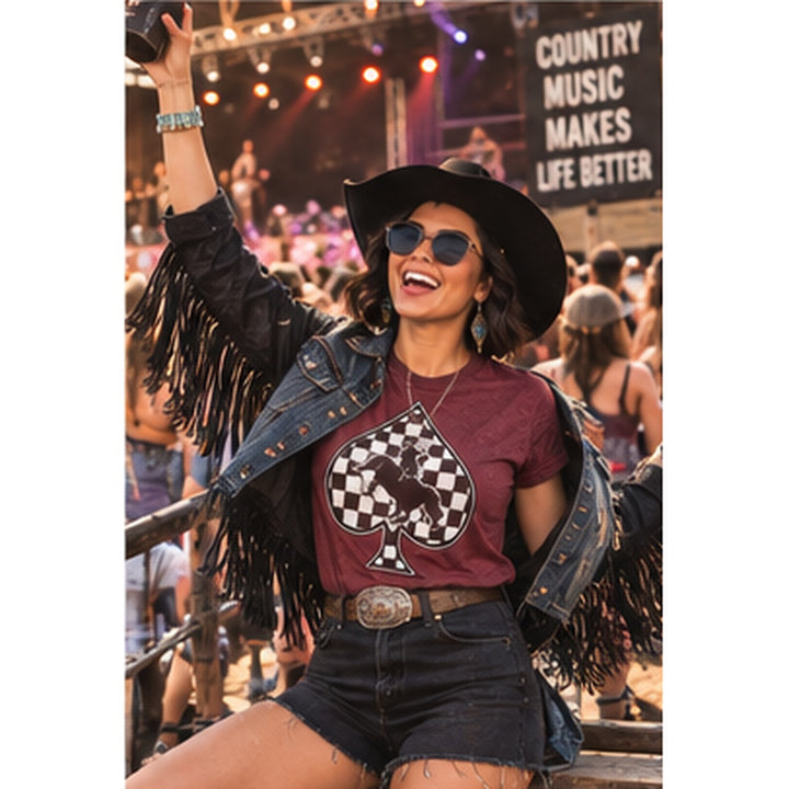 Checkered Spade Cowboy Burgundy Western Graphic Tee interactive concert lifestyle model