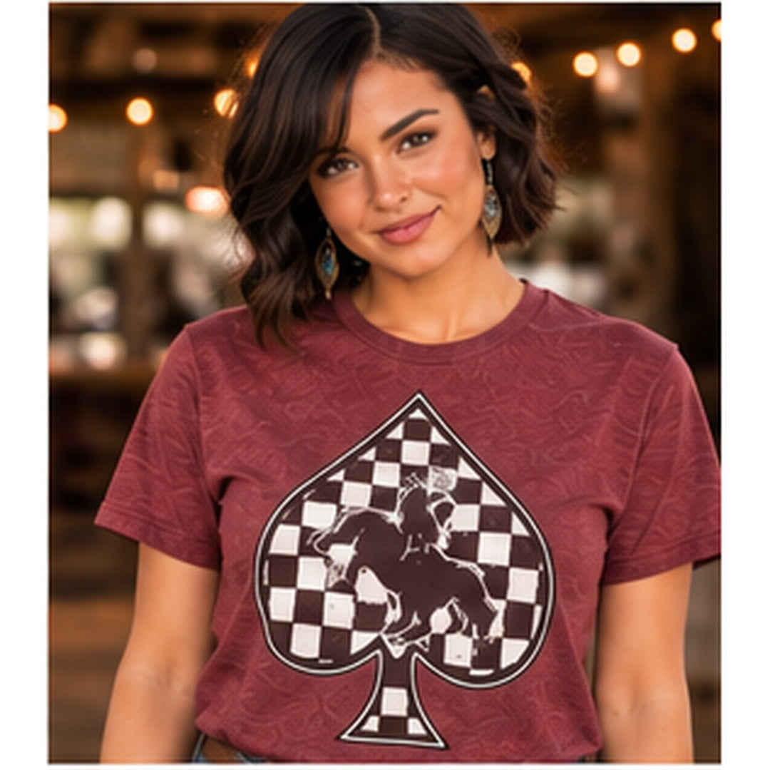 Checkered Spade Cowboy Burgundy Western Graphic Tee close-up model