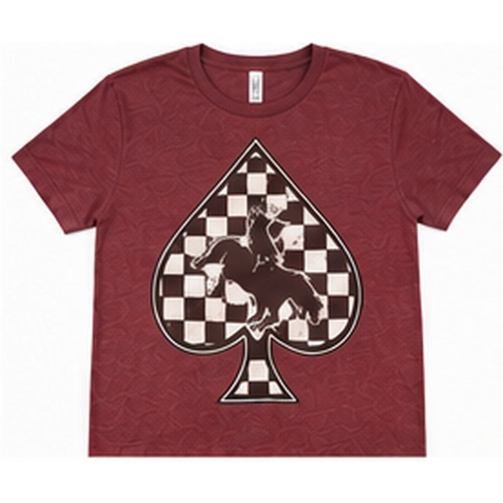 Checkered Spade Cowboy Burgundy Western Graphic Tee white background lay-flat