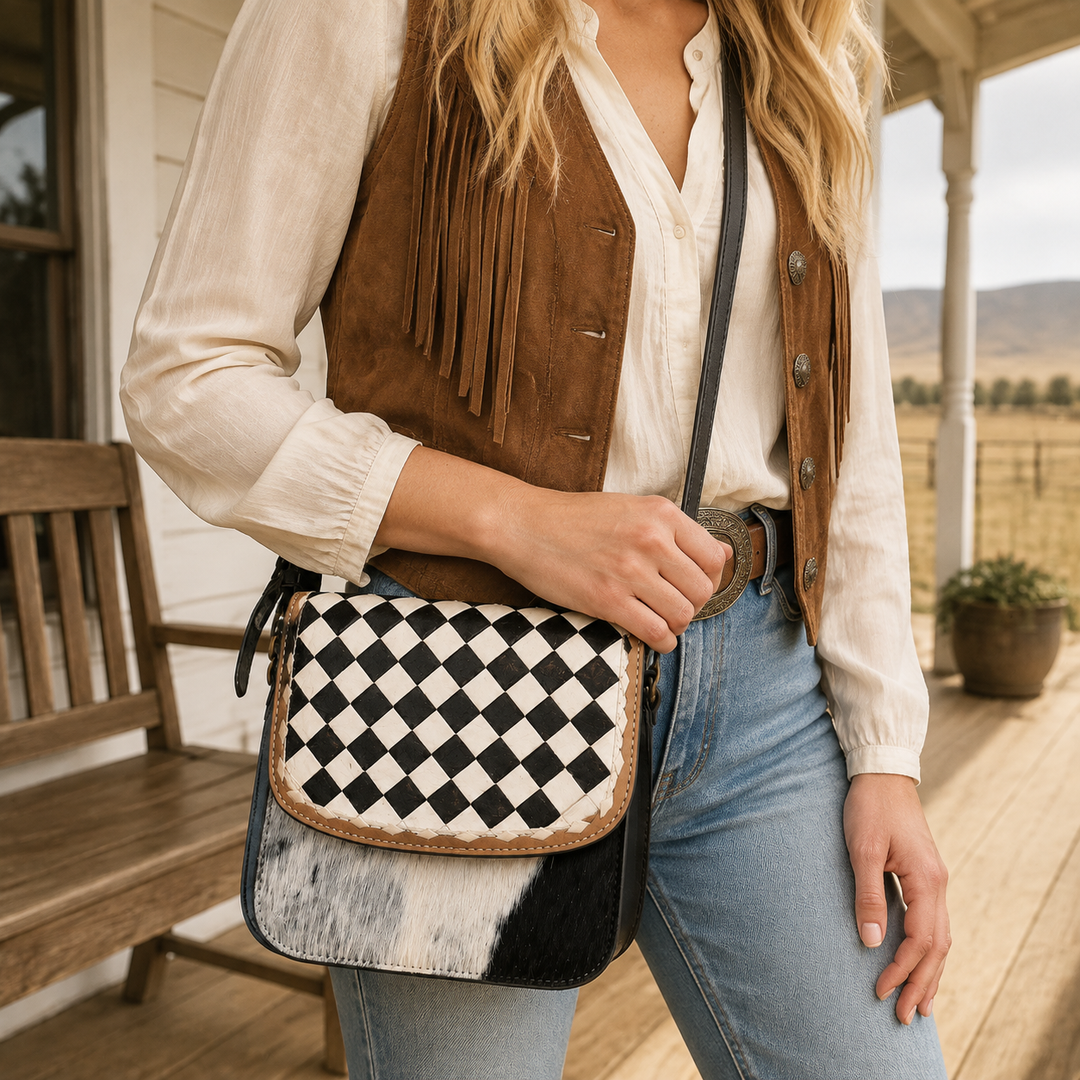 Woman wearing the Checkmate Cowgirl checkerboard and cowhide crossbody bag on a ranch porch