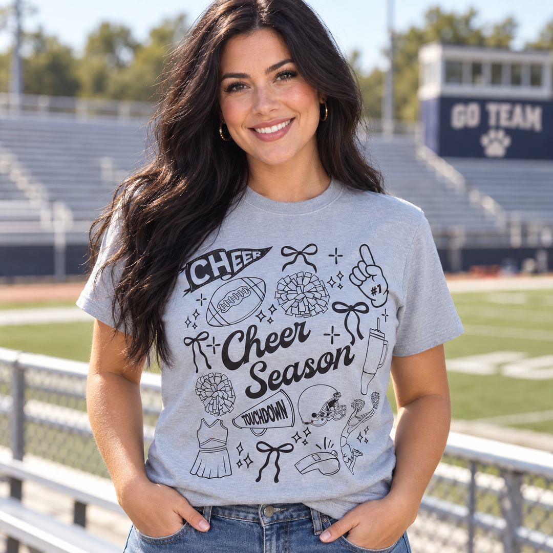 Cheer Season Mom grey game day graphic tee on model at football field