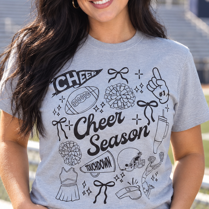 Cheer Season Mom grey game day graphic tee on model at football field