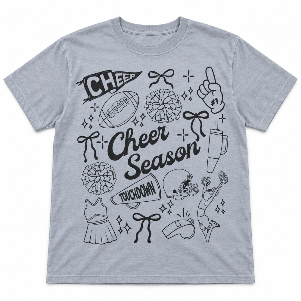 Cheer Season Mom grey game day graphic tee flat lay on white