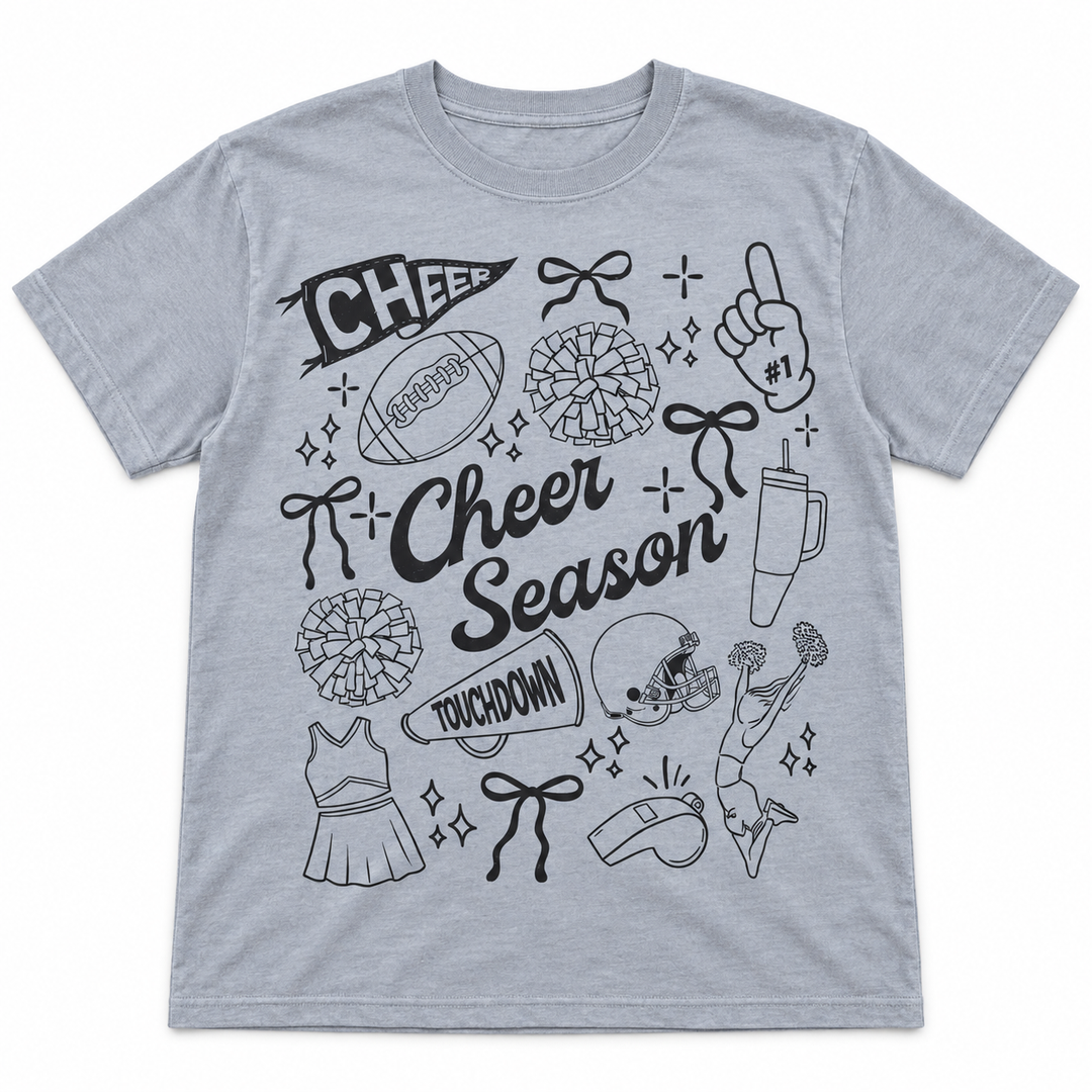 Cheer Season Mom grey game day graphic tee flat lay on white