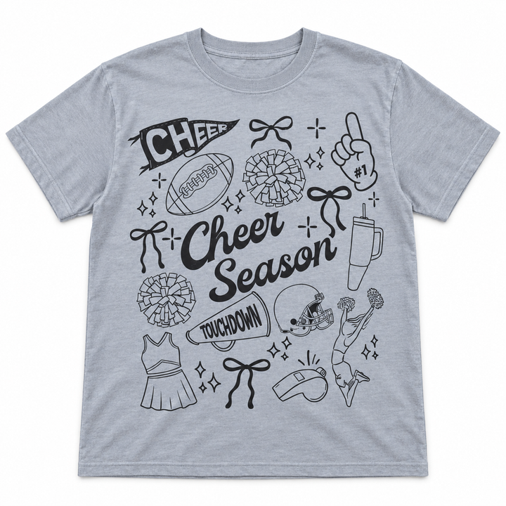 Cheer Season Mom grey game day graphic tee flat lay on white