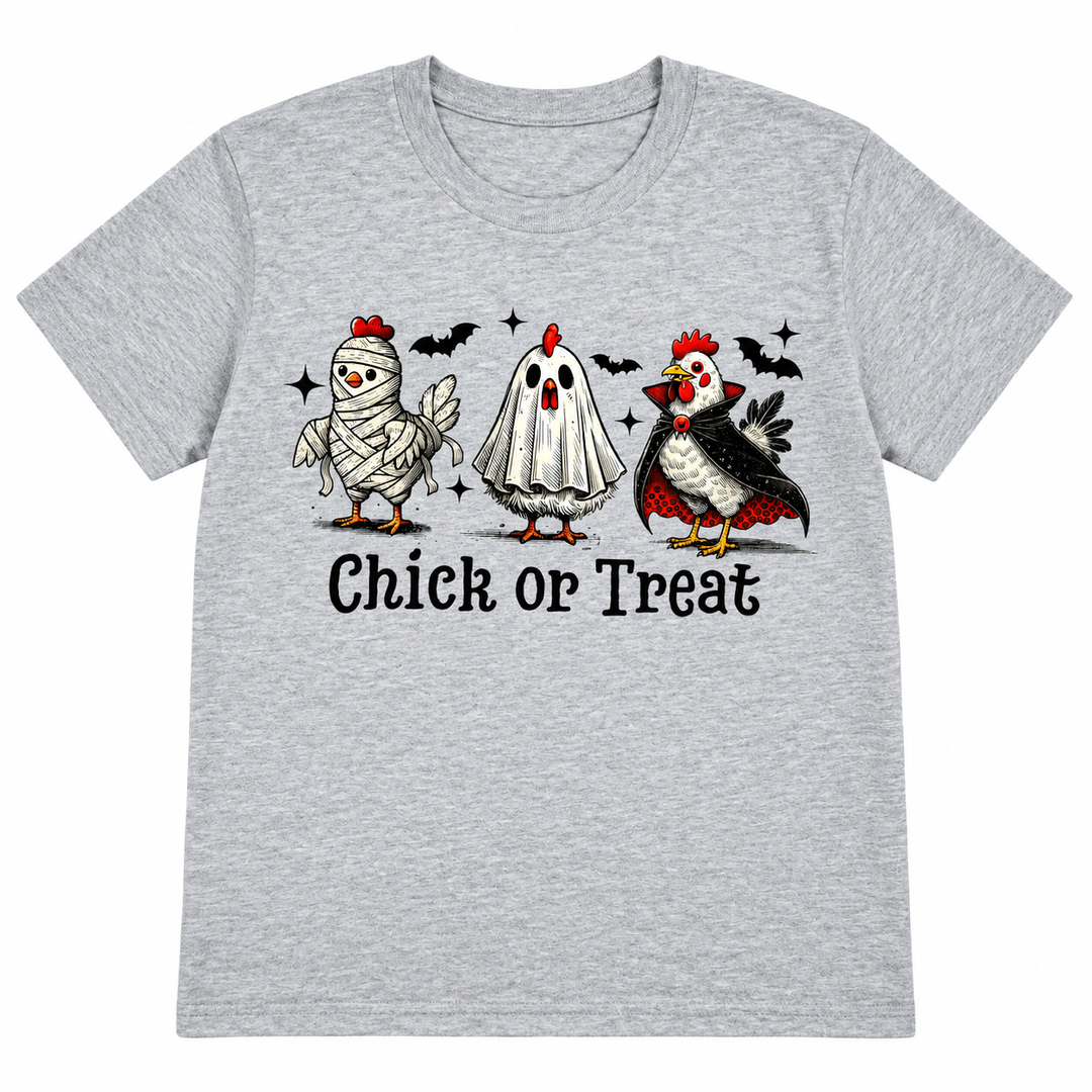 Chick or Treat heather gray Halloween graphic tee complete product view on pure white