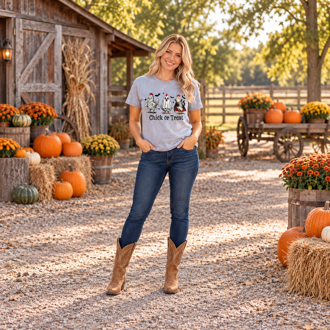 Woman wearing Chick or Treat heather gray Halloween graphic tee at a Central Texas pumpkin barn