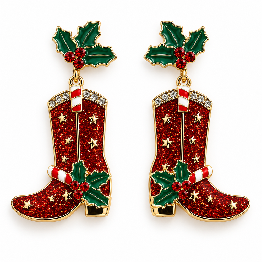 Christmas cowgirl boot statement earrings arranged on a clean white background