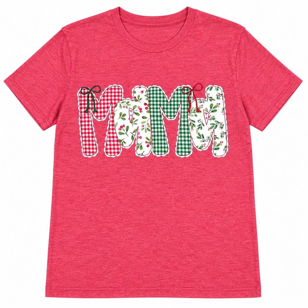 Heather red Christmas Mama mistletoe graphic tee on a pure white background