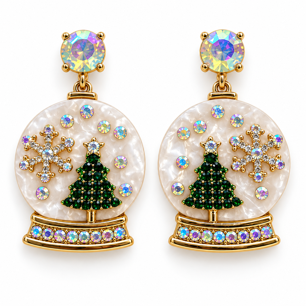 Christmas snow globe statement earrings arranged on a clean white background