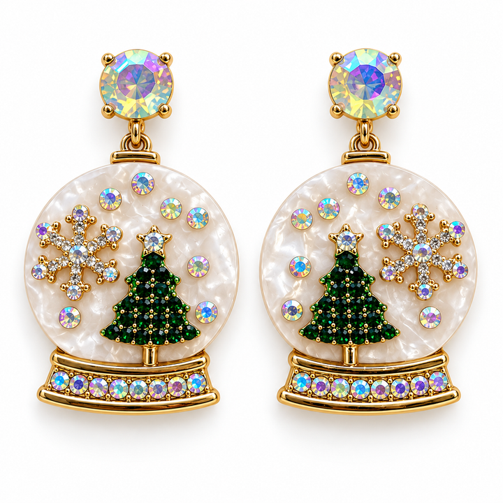 Christmas snow globe statement earrings arranged on a clean white background