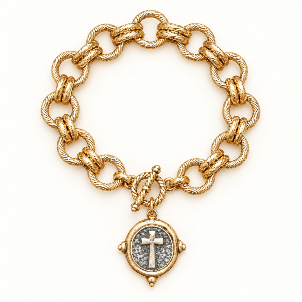 Chunky gold cross faith statement bracelet flat product view