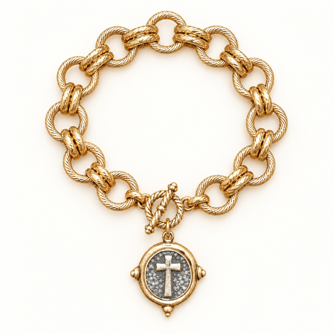 Chunky gold cross faith statement bracelet flat product view