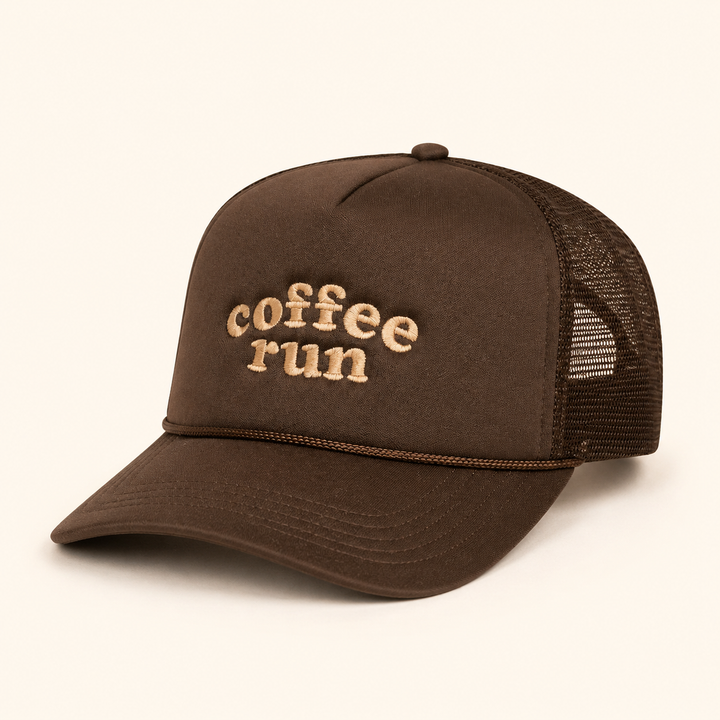 Coffee Run dark brown embroidered mesh trucker hat, three-quarter product view