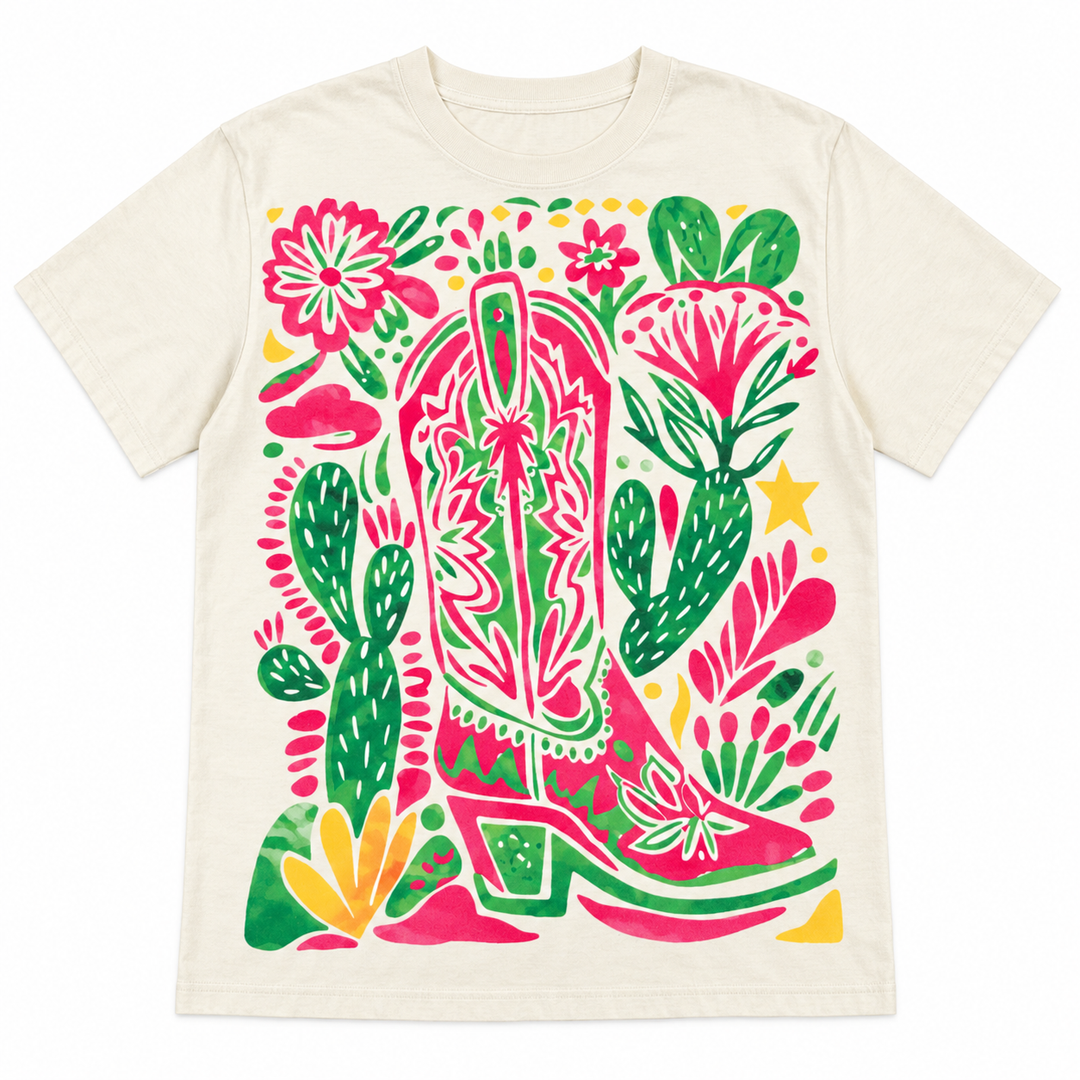 Colorful Cactus Pink Cowboy Boots Western Tee lay-flat on white background