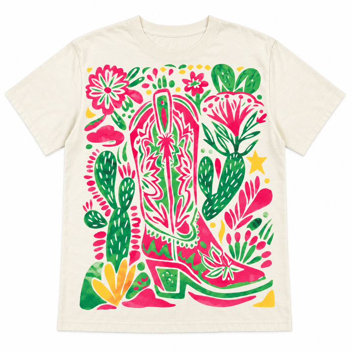 Colorful Cactus Pink Cowboy Boots Western Tee lay-flat on white background