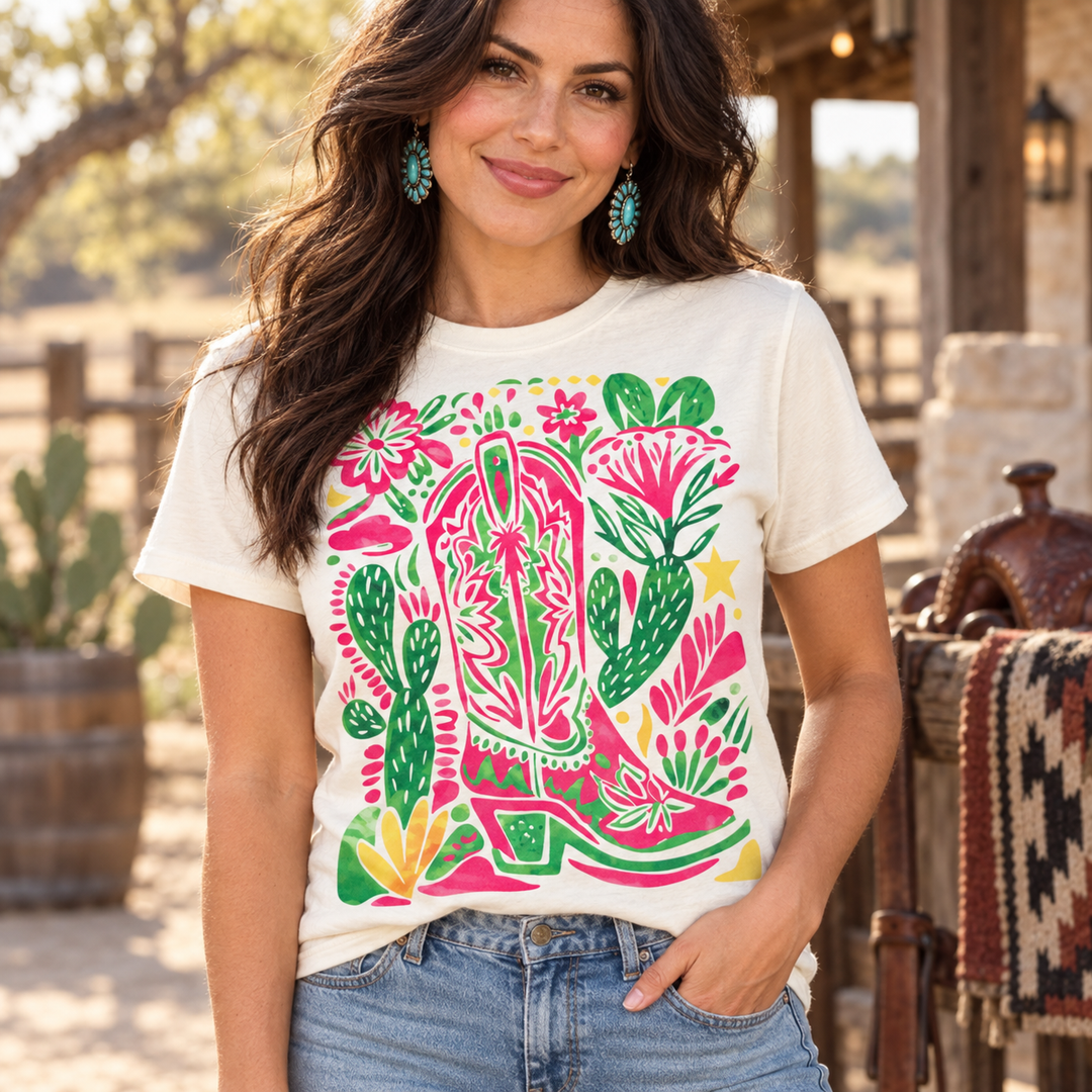 Woman wearing Colorful Cactus Pink Cowboy Boots Western Tee at a ranch