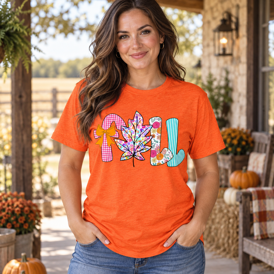 Woman modeling Colorful Fall Leaf Orange Autumn Graphic Tee, complete front view