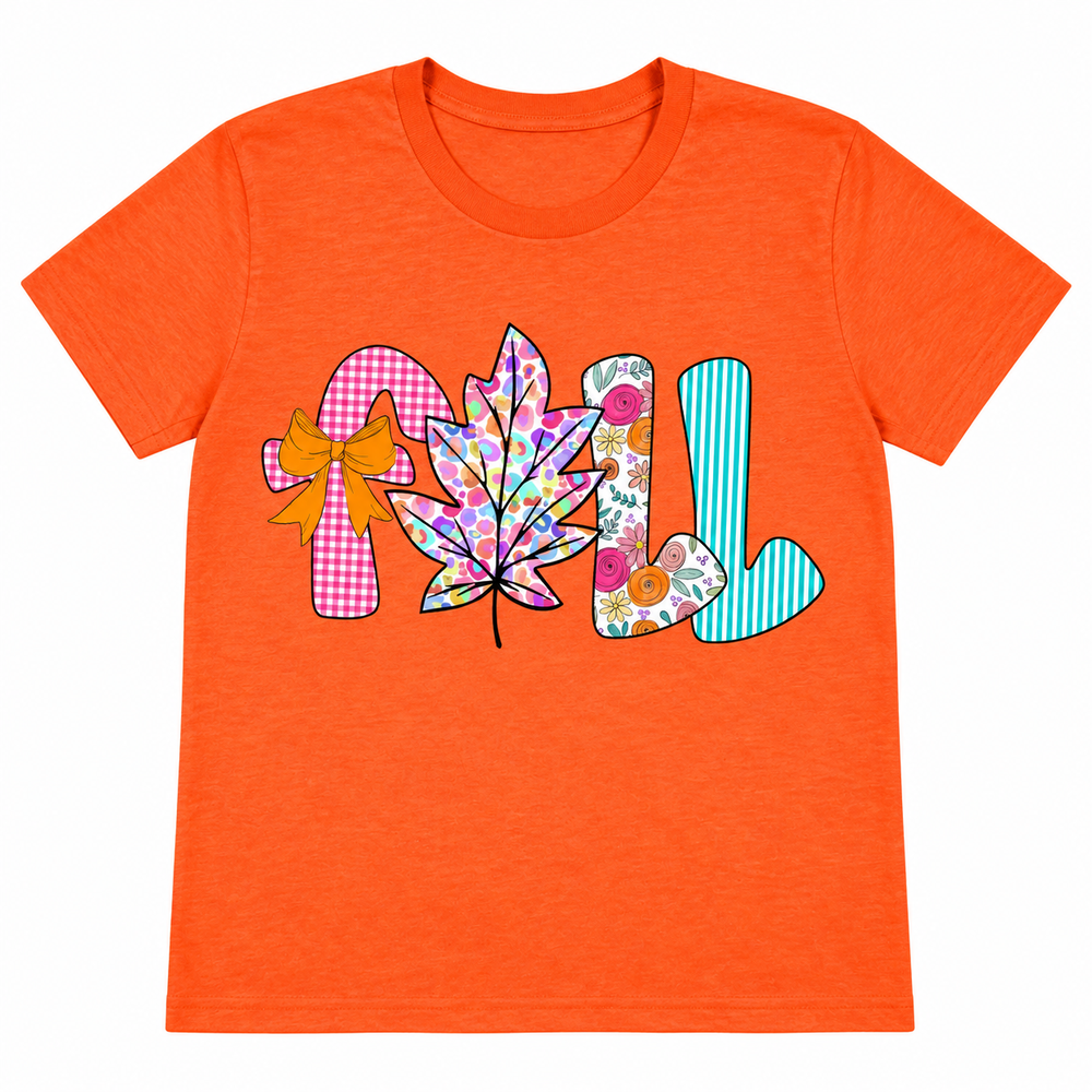 Colorful Fall Leaf Orange Autumn Graphic Tee laid flat on pure white