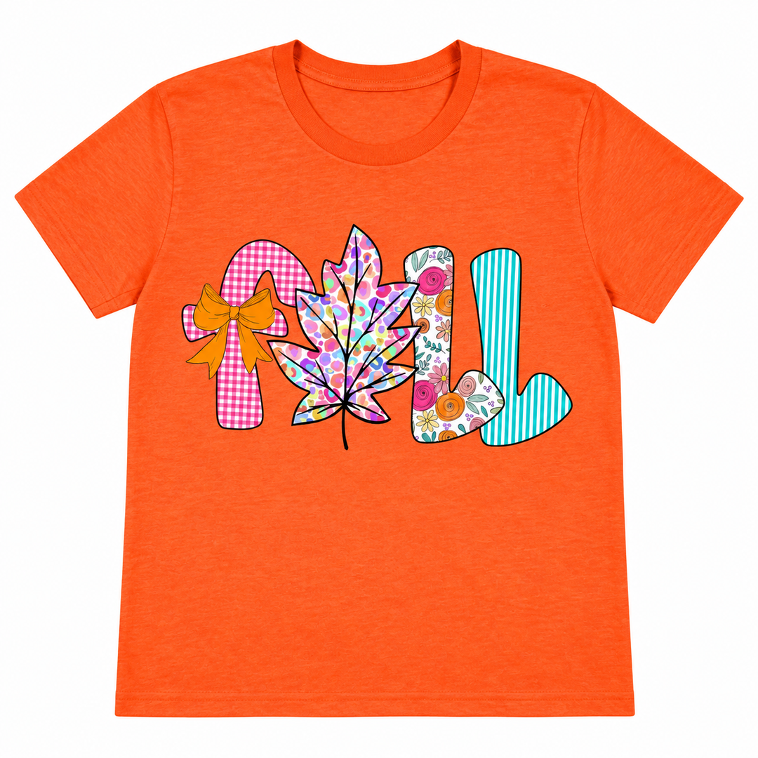 Colorful Fall Leaf Orange Autumn Graphic Tee laid flat on pure white