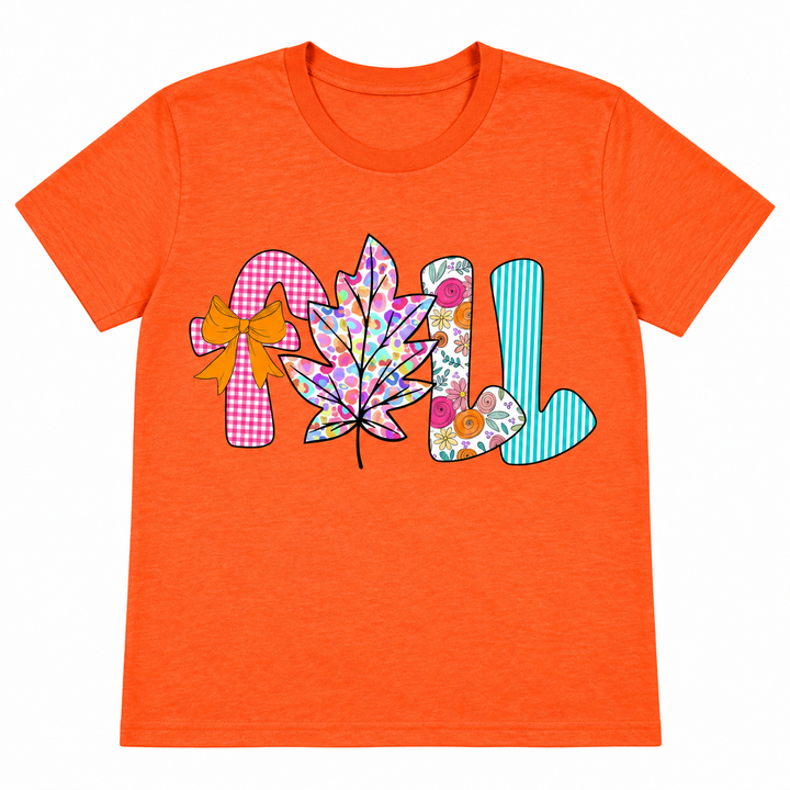 Colorful Fall Leaf Orange Autumn Graphic Tee laid flat on pure white