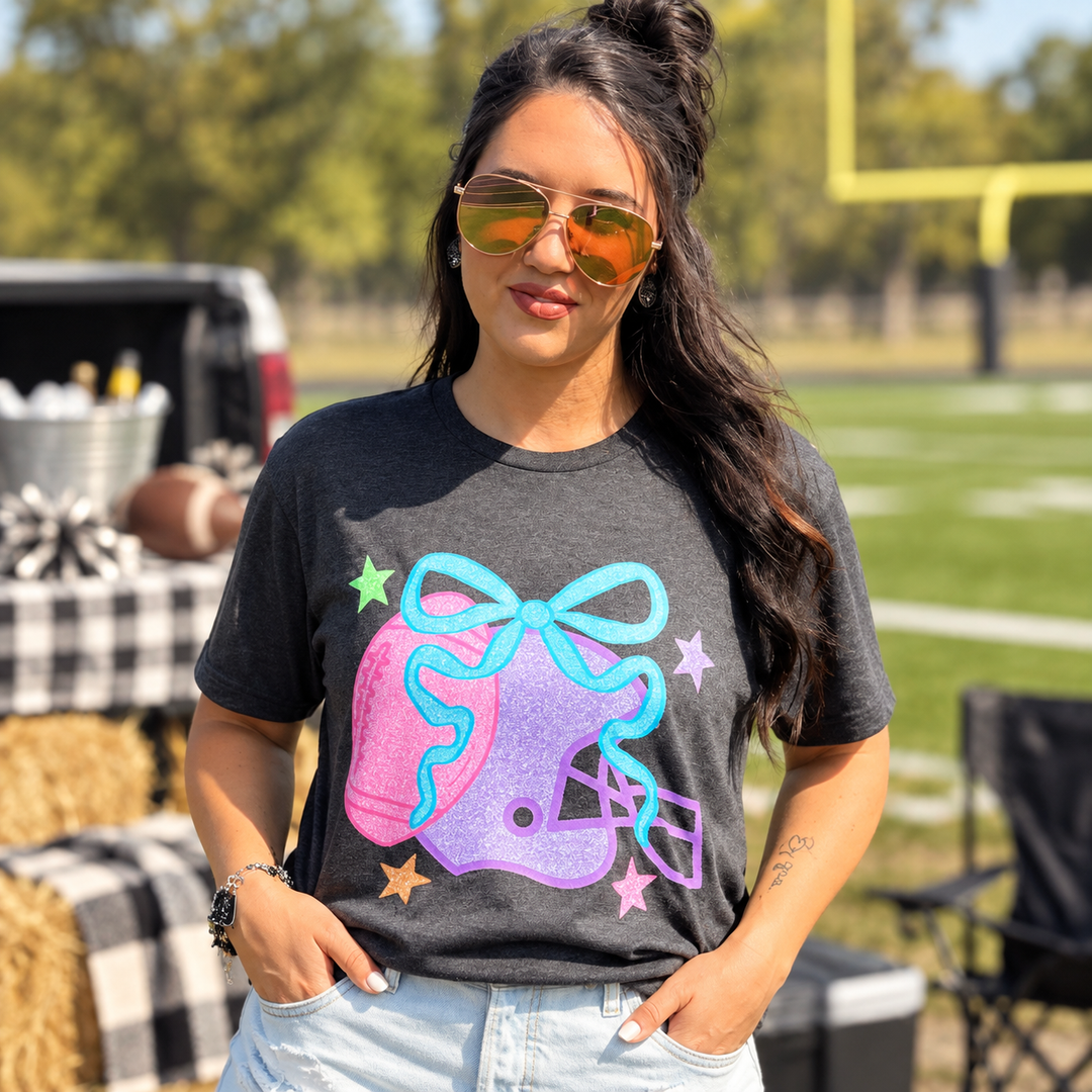 Colorful Football Helmet graphite graphic tee close model view