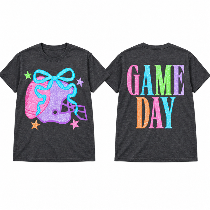 Colorful Football Helmet graphite graphic tee complete front-and-back lay-flat on white