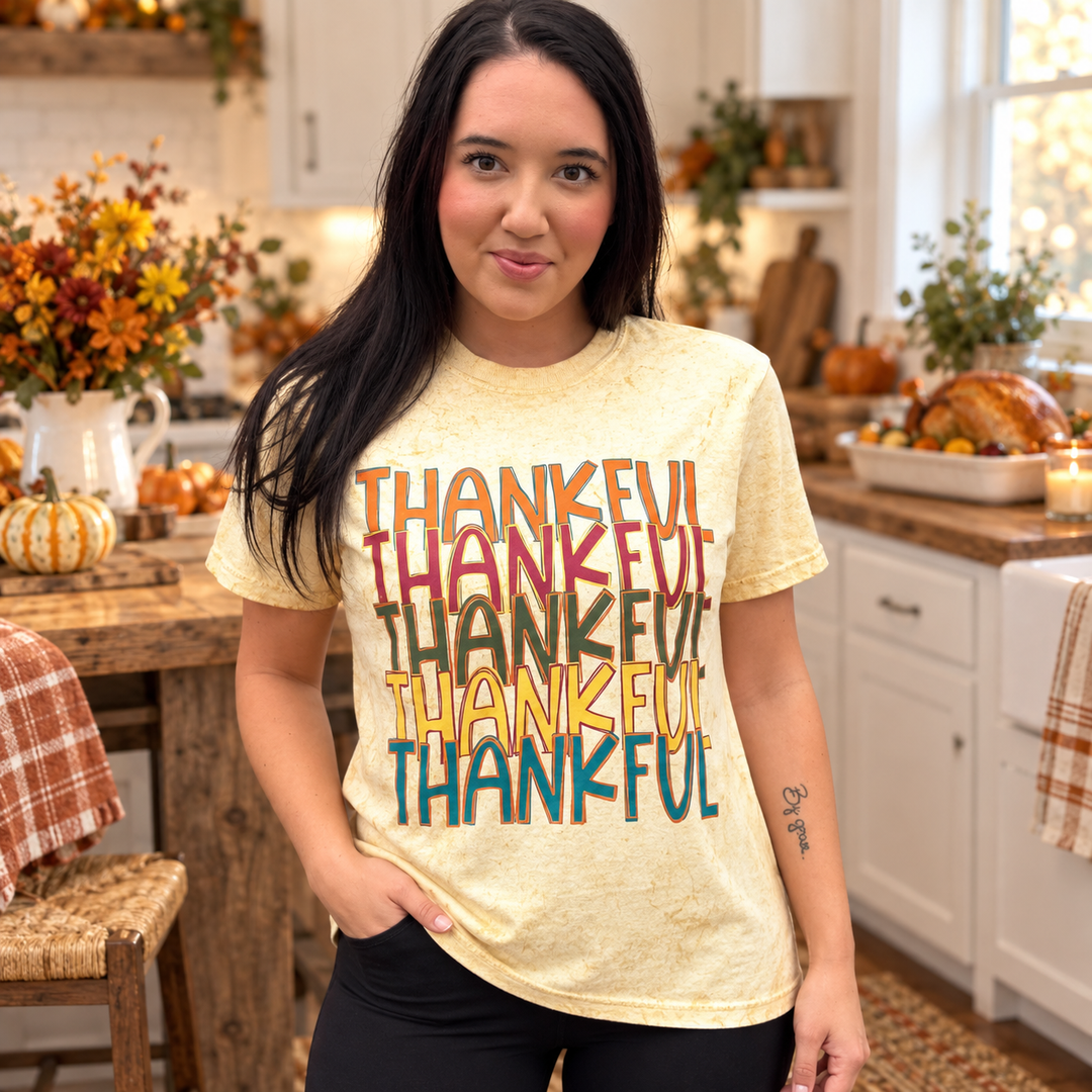 Woman modeling Colorful Thankful Citrine Thanksgiving Graphic Tee, complete front view