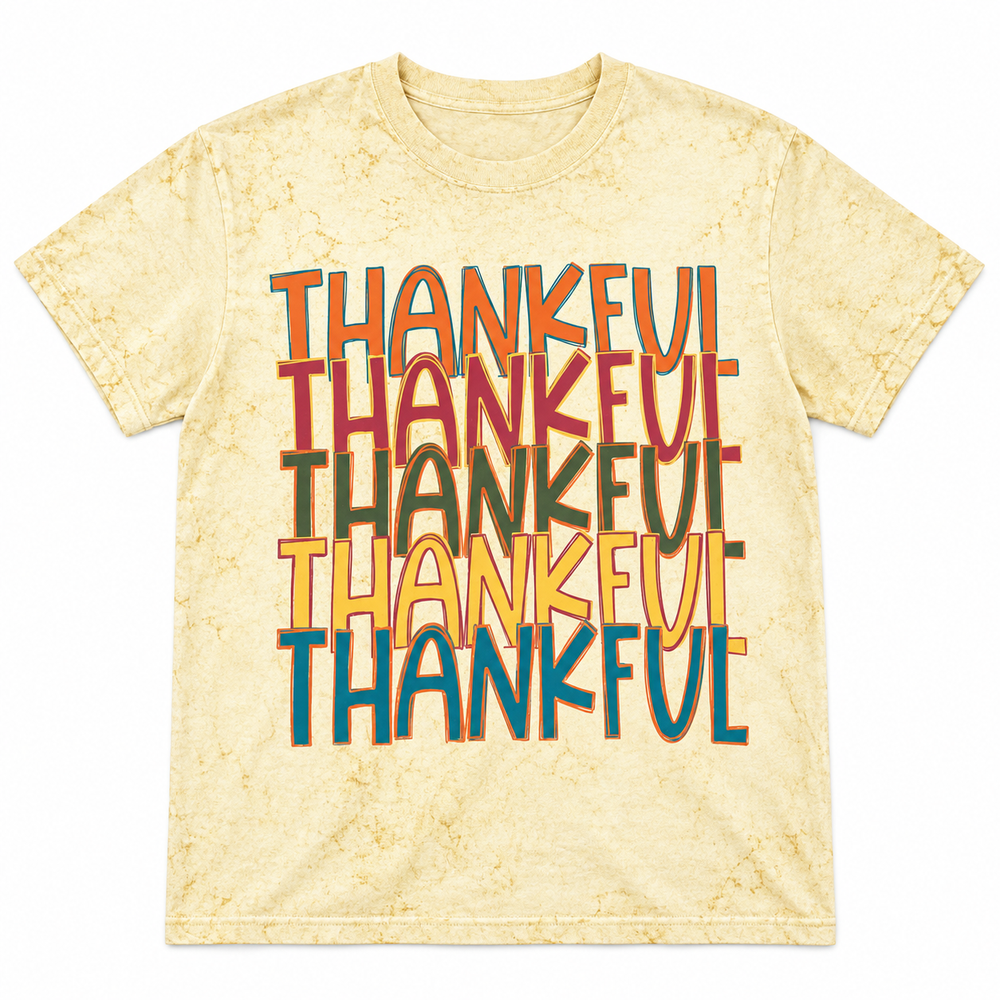 Colorful Thankful Citrine Thanksgiving Graphic Tee laid flat on pure white