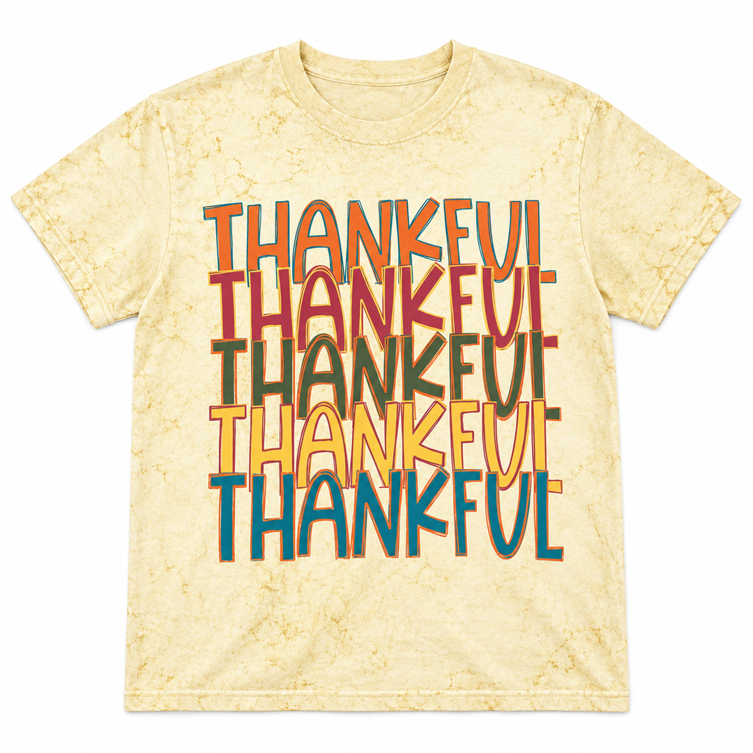 Colorful Thankful Citrine Thanksgiving Graphic Tee laid flat on pure white