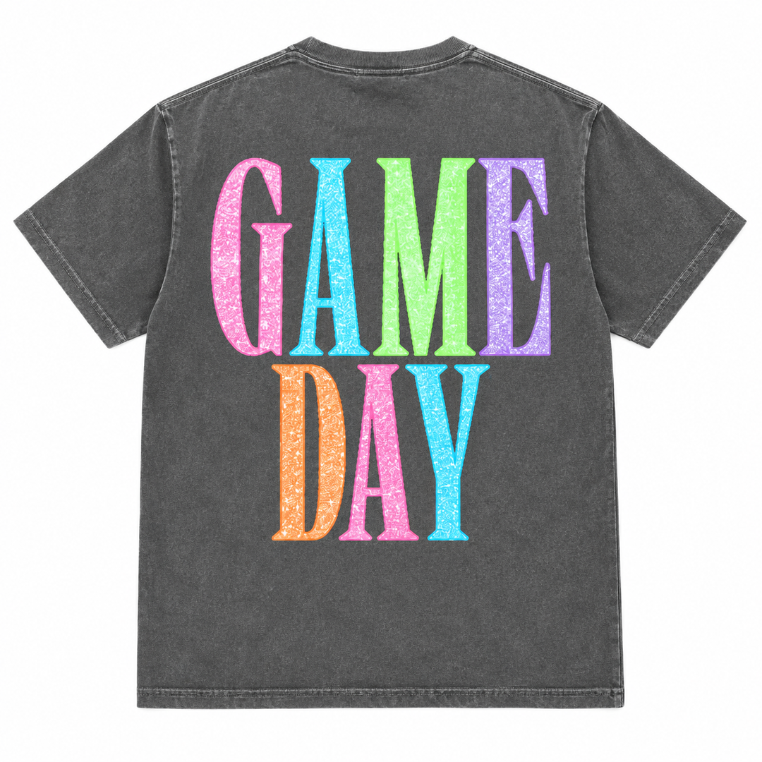 Colorful Volleyball Game Day Pepper tee back design, white background flat lay