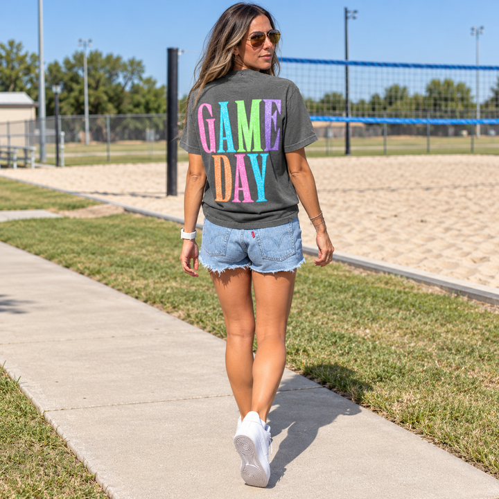 Colorful Volleyball Game Day Pepper tee back design at volleyball court