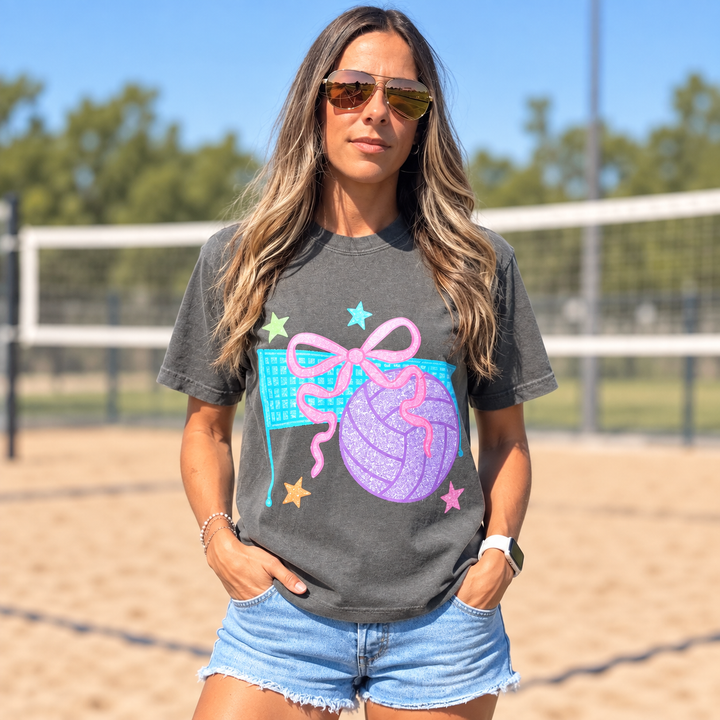Colorful Volleyball Game Day Pepper tee front design on model