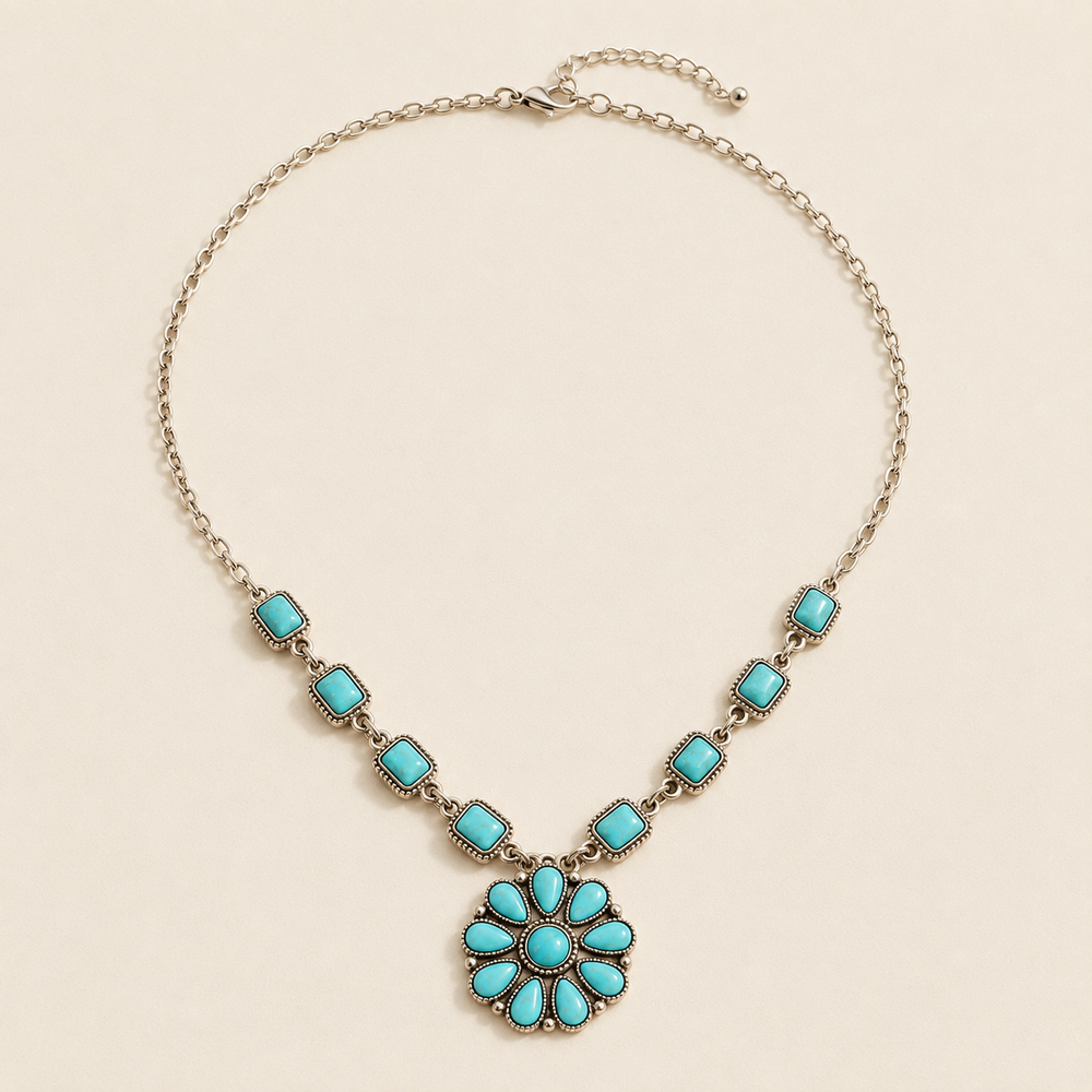 Silver-tone turquoise square-link necklace with floral concho pendant, product view