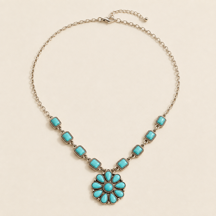Silver-tone turquoise square-link necklace with floral concho pendant, product view