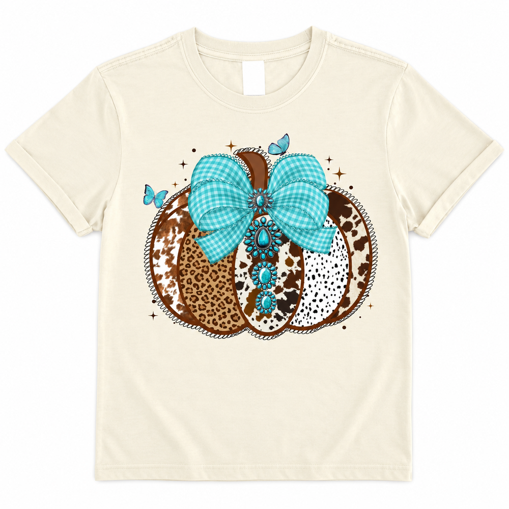 Concho Pumpkin Bow natural graphic tee complete lay-flat on white