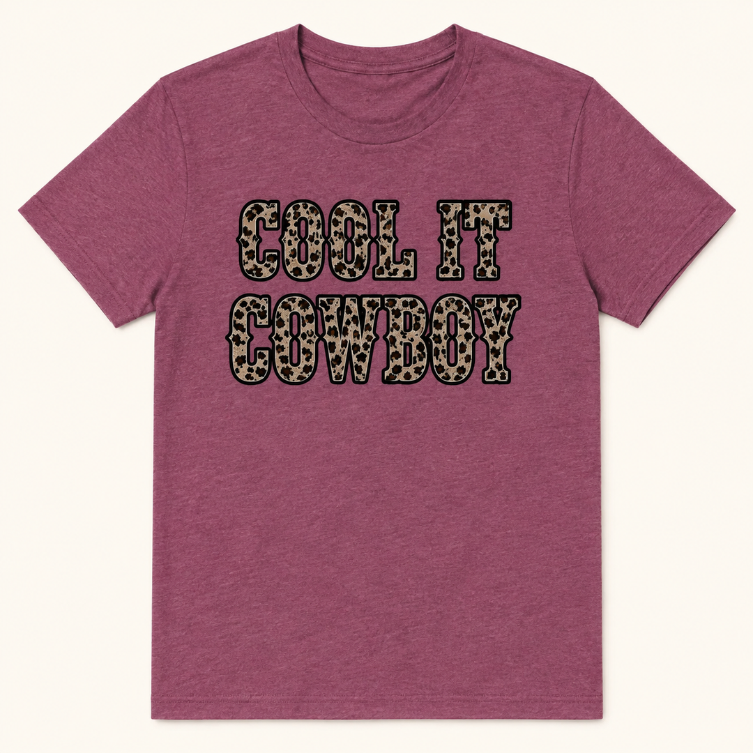 Cool It Cowboy heathered maroon tee with leopard-print Western lettering, front product view