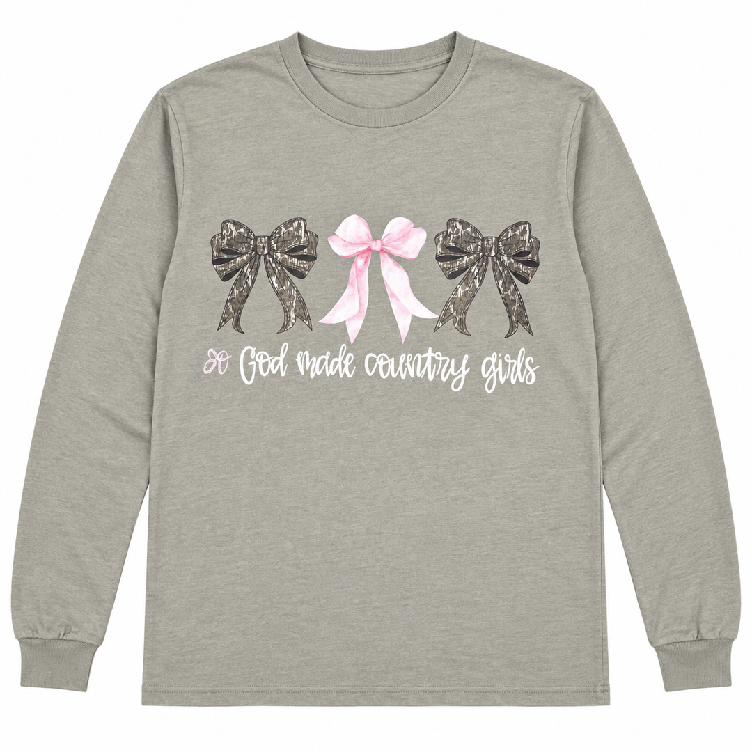 Sage So God Made Country Girls long-sleeve graphic tee on a pure white background