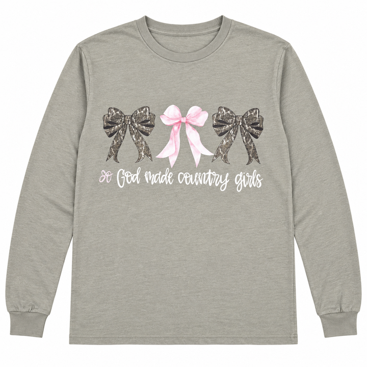 Sage So God Made Country Girls long-sleeve graphic tee on a pure white background