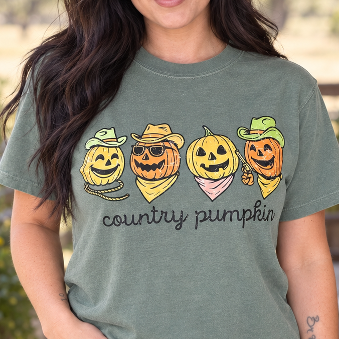 Country Pumpkin Moss Fall Graphic Tee complete front model view