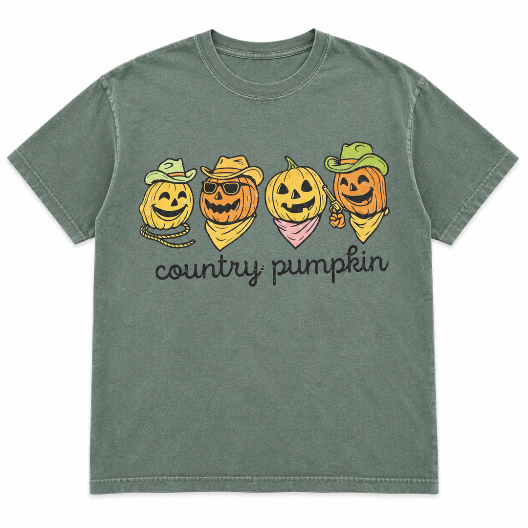 Country Pumpkin Moss Fall Graphic Tee lay-flat on pure white background