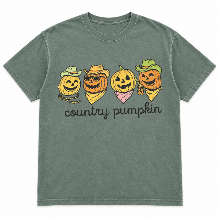 Country Pumpkin Moss Fall Graphic Tee lay-flat on pure white background