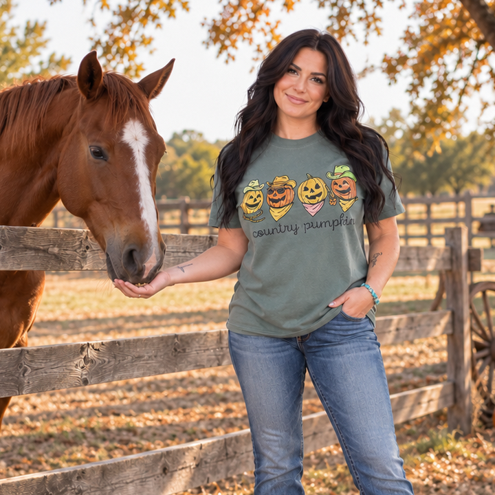 Country Pumpkin Moss Fall Graphic Tee full-body ranch lifestyle with horse