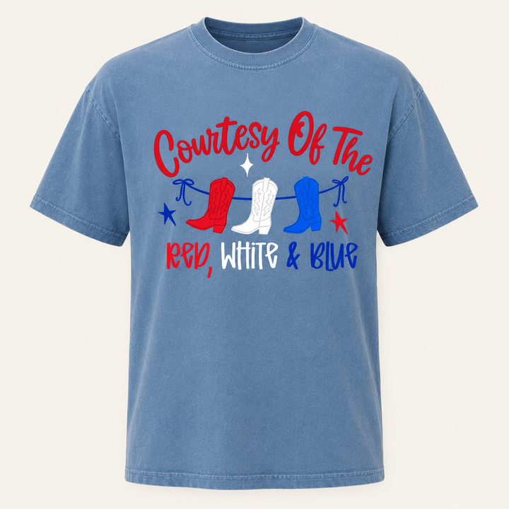 Courtesy of the Red, White and Blue washed denim graphic tee, front product view