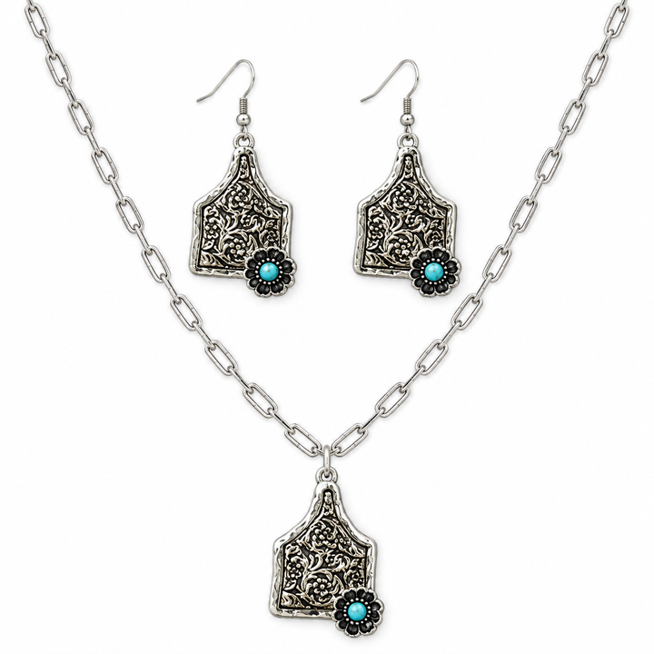 Cow Tag Flower Western necklace and earring set on white background