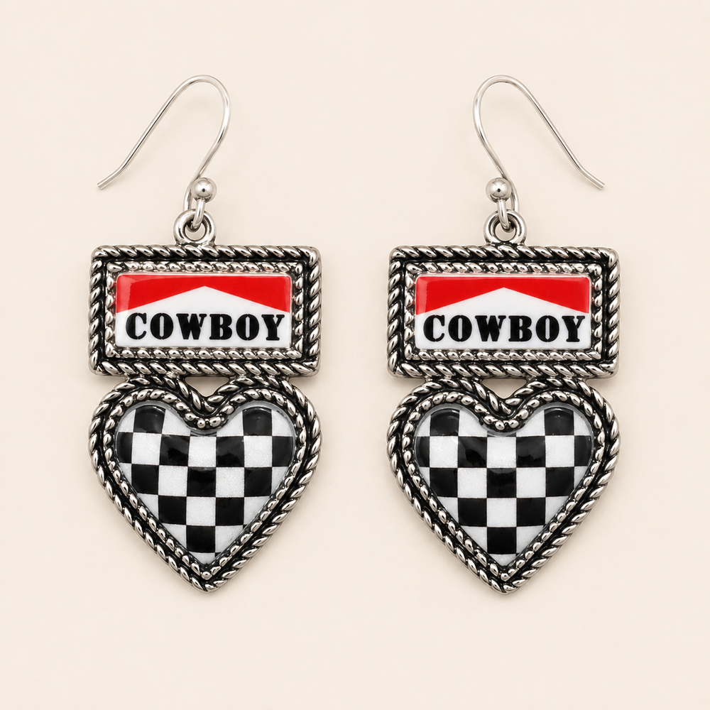 Cowboy red and white COWBOY plaque earrings with black and white checkered heart drops, product view